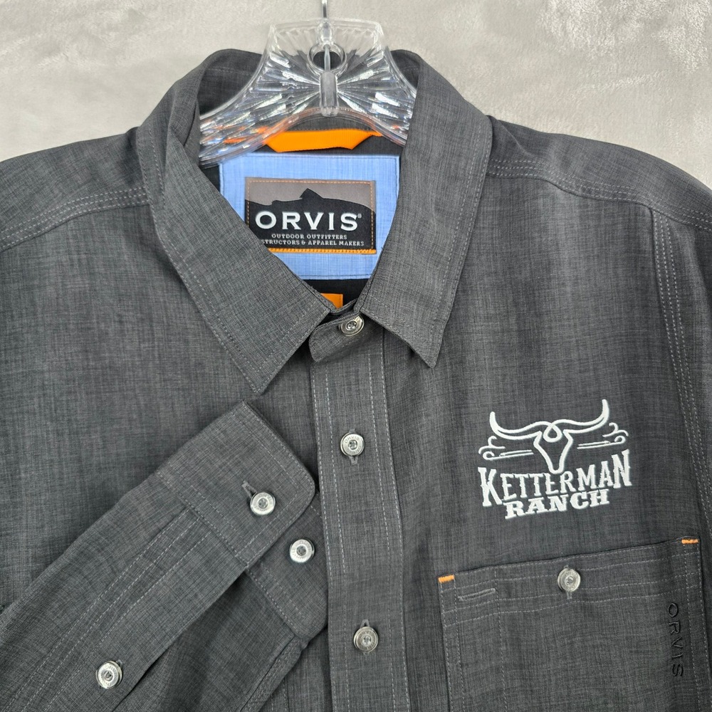 Orvis Tech Chambray Shirt Mens Medium Gray Ketterman Active Fit Long Sleeve